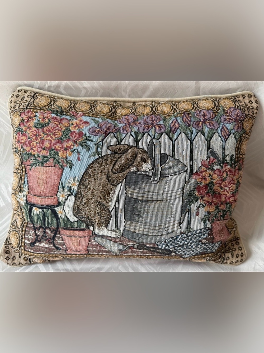 Floral Tapestry Pillow with Rabbit Design Easter Spring Decorative Bunny